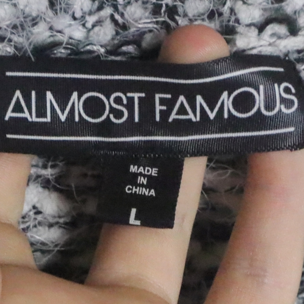 BLACK WHITE BOUCLE SWEATER L Almost Famous Vegan Spring Fall Goth Office Long - Picture 4 of 6